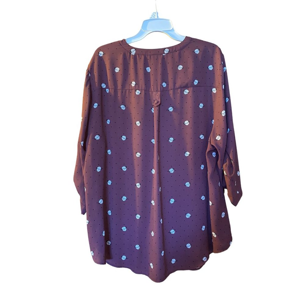 Torrid Purple Haper Blouse with Pug Dog Pattern 3/4 Sleeve V Neck Top - Picture 3 of 3